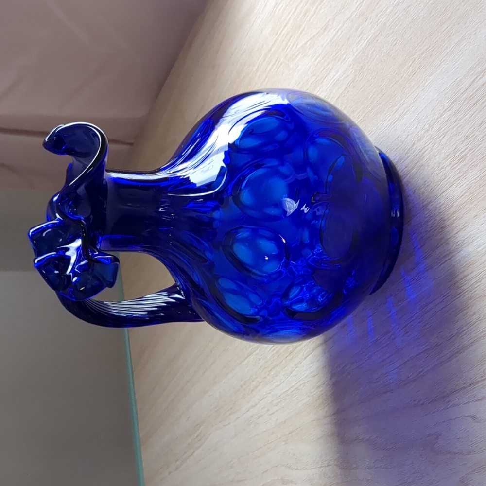 Fenton Cobalt Blue Dot Pitcher with Raised Swirl Handle - Picture 10 of 13